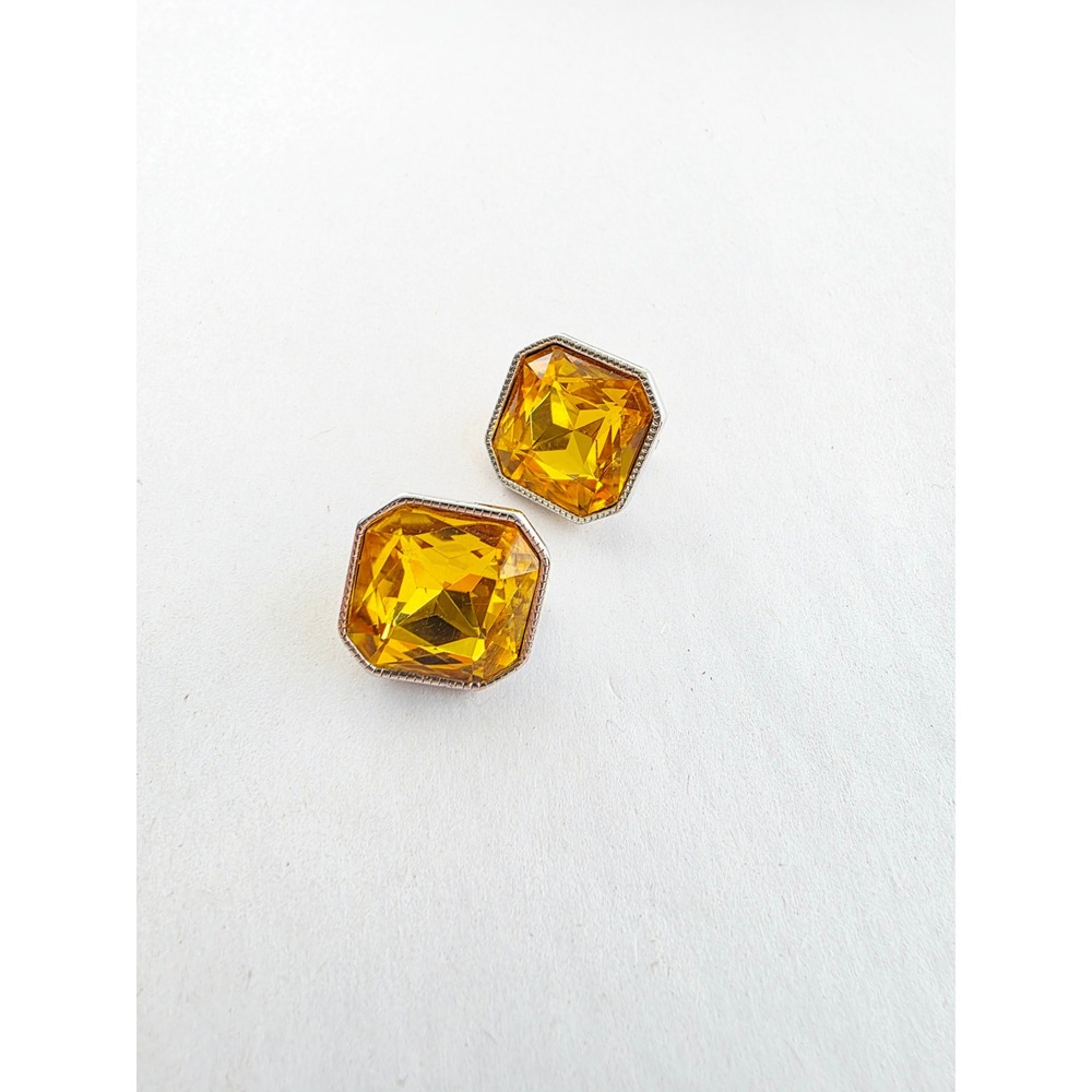 Vintage Amber Glass Crystal Clip On Earrings Silver Tone Square Statement Studs